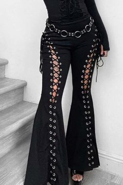 Y2K Gothic Lace-Up Cut-Out Flare Pants - Retro 90s Grunge Summer Club Outfit