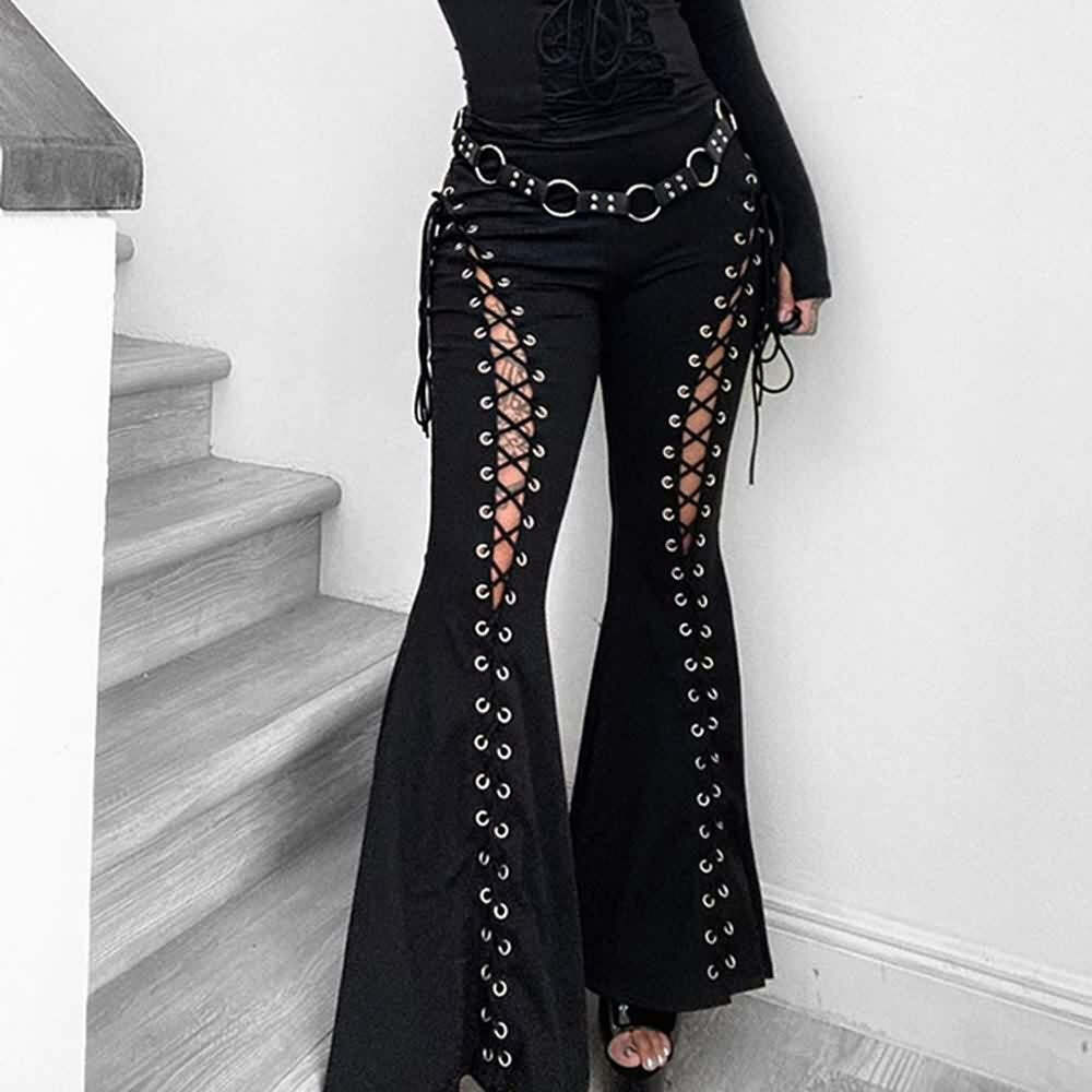 Y2K Gothic Lace-Up Cut-Out Flare Pants - Retro 90s Grunge Summer Club Outfit