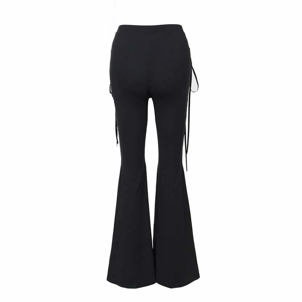 Y2K Gothic Lace-Up Cut-Out Flare Pants - Retro 90s Grunge Summer Club Outfit