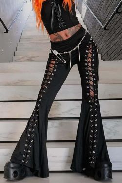 Y2K Gothic Lace-Up Cut-Out Flare Pants - Retro 90s Grunge Summer Club Outfit