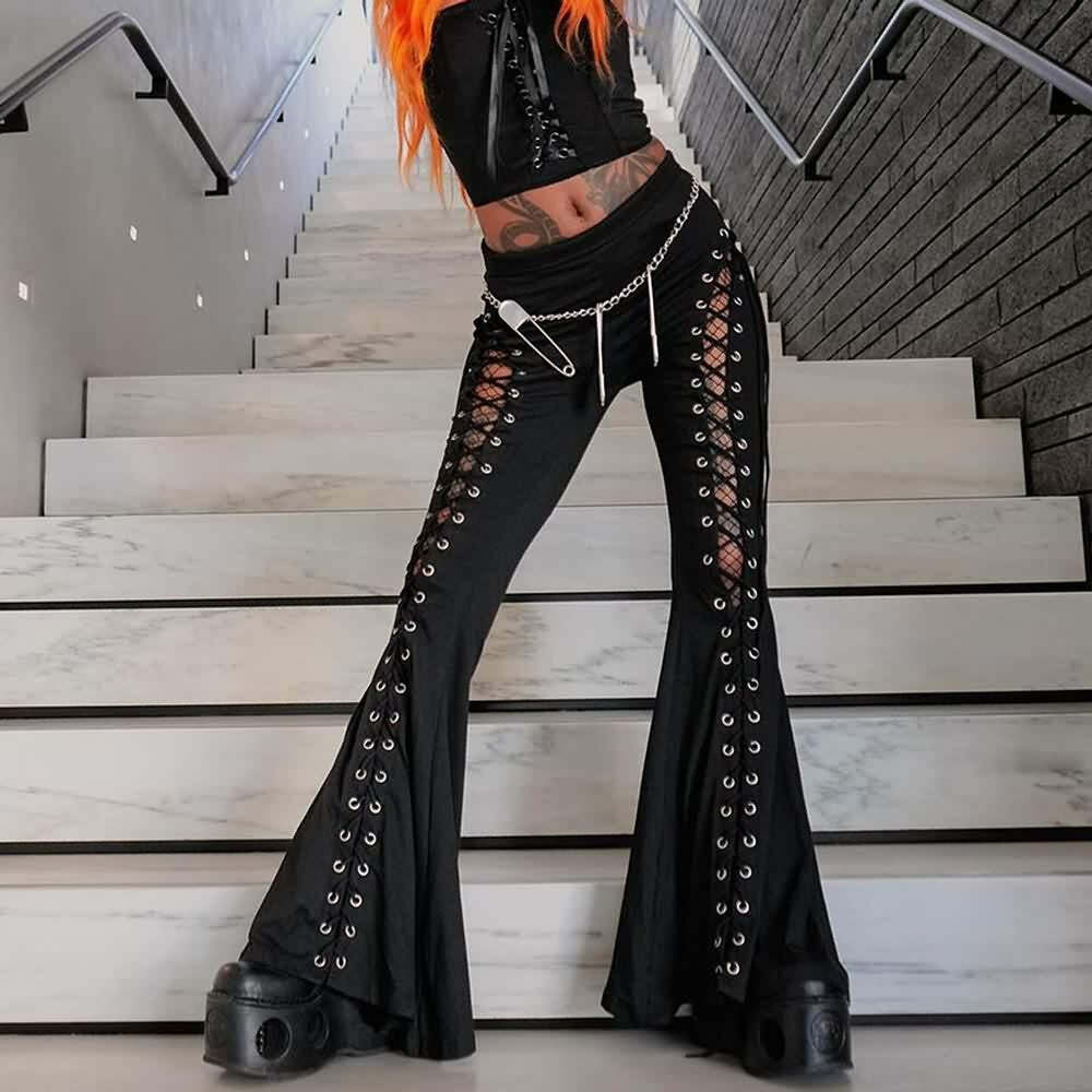 Y2K Gothic Lace-Up Cut-Out Flare Pants - Retro 90s Grunge Summer Club Outfit