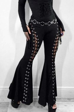 Y2K Gothic Lace-Up Cut-Out Flare Pants - Retro 90s Grunge Summer Club Outfit
