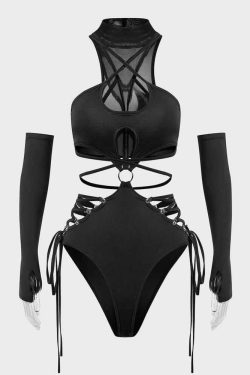Y2K Gothic Lace-Up Cut Out Bodysuit - 90s Grunge, Retro Summer, Party & Club Outfits