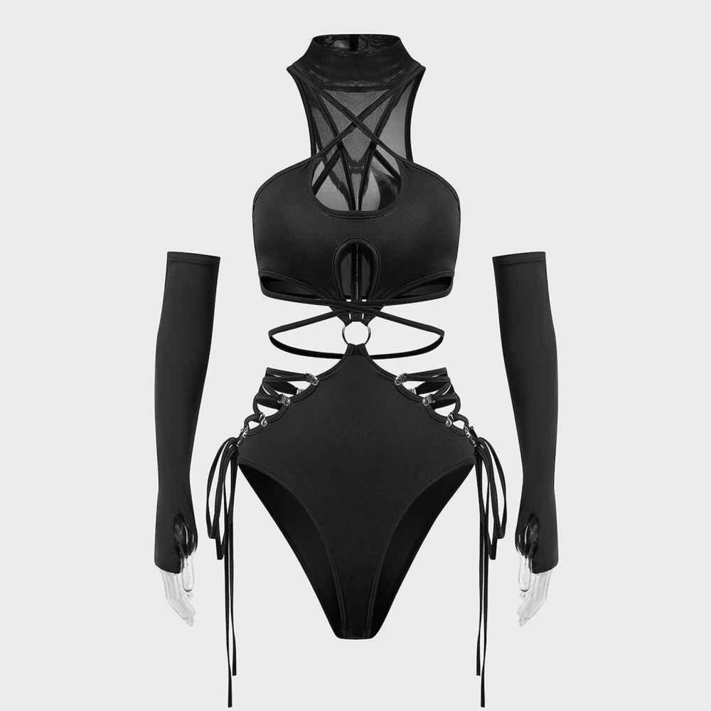 Y2K Gothic Lace-Up Cut Out Bodysuit - 90s Grunge, Retro Summer, Party & Club Outfits