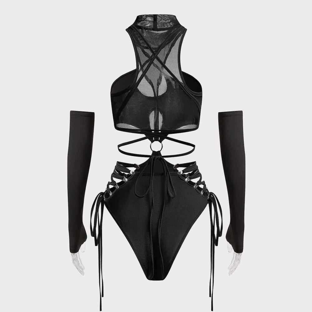 Y2K Gothic Lace-Up Cut Out Bodysuit - 90s Grunge, Retro Summer, Party & Club Outfits