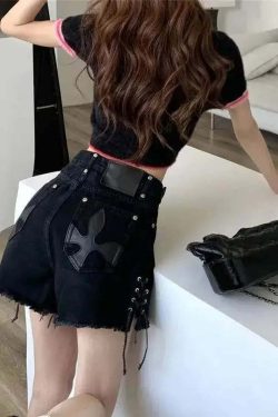 Y2K Gothic Lace-Up Denim Shorts - 90s Grunge Summer Outfit, Retro Y2K Fashion
