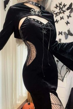 Y2K Gothic Lace-Up Split Midi Dress with Hooded Shrug - Retro 90s Grunge Summer Outfit