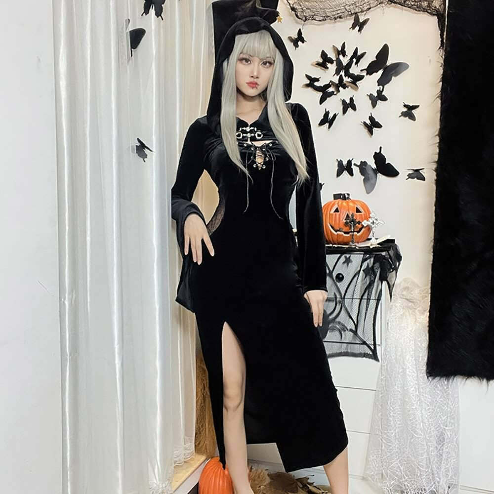 Y2K Gothic Lace-Up Split Midi Dress with Hooded Shrug - Retro 90s Grunge Summer Outfit