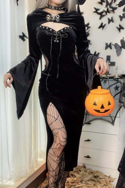 Y2K Gothic Lace-Up Split Midi Dress with Hooded Shrug - Retro 90s Grunge Summer Outfit