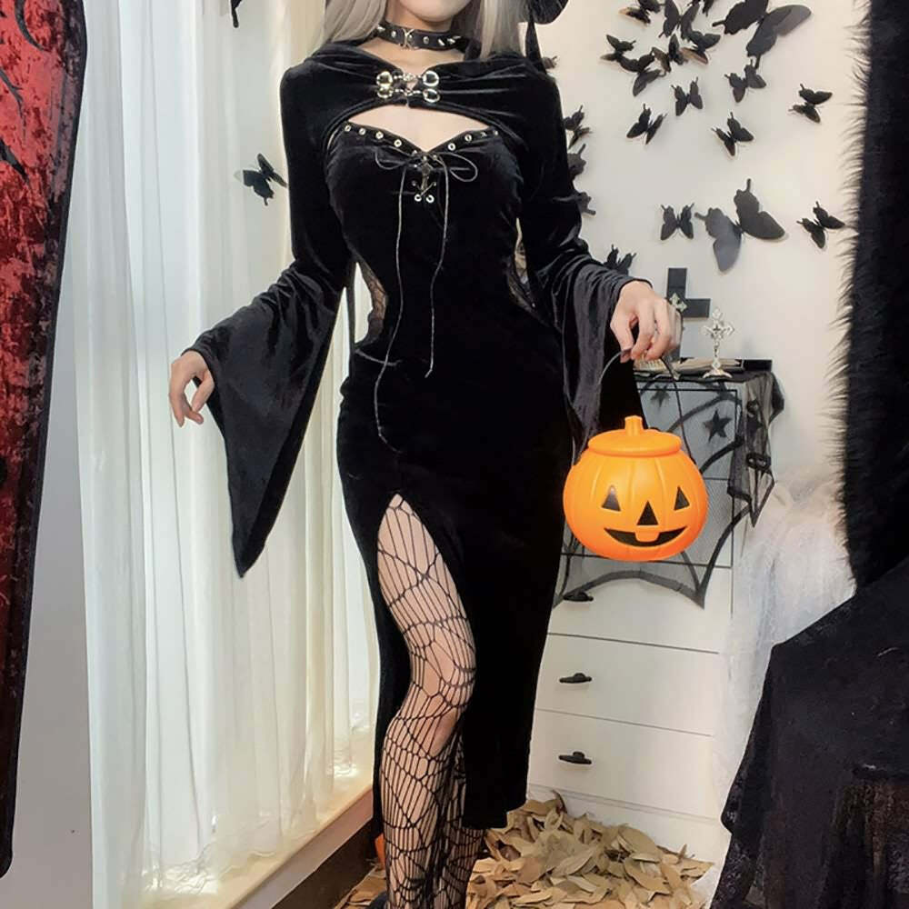 Y2K Gothic Lace-Up Split Midi Dress with Hooded Shrug - Retro 90s Grunge Summer Outfit