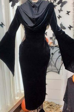 Y2K Gothic Lace-Up Split Midi Dress with Hooded Shrug - Retro 90s Grunge Summer Outfit