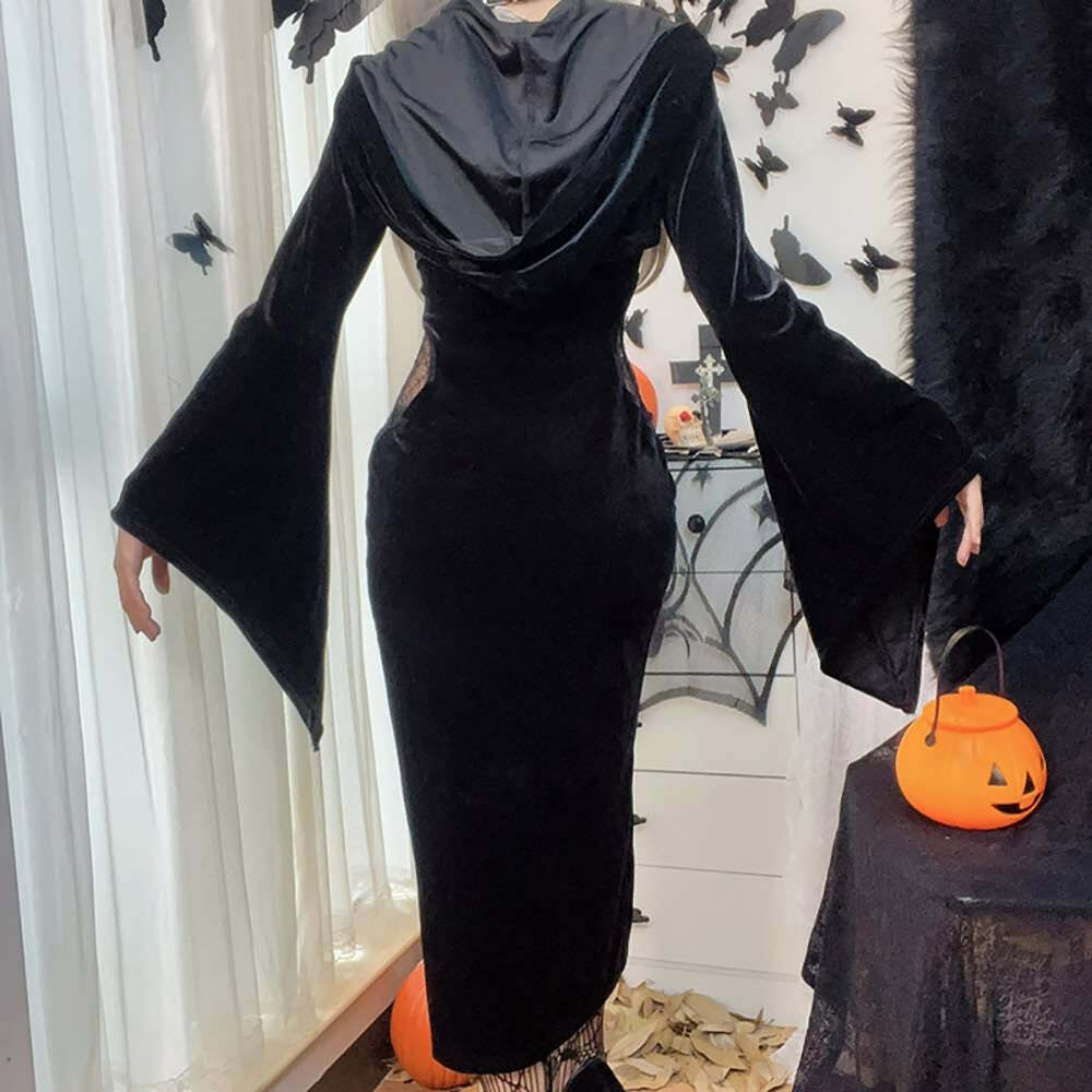 Y2K Gothic Lace-Up Split Midi Dress with Hooded Shrug - Retro 90s Grunge Summer Outfit