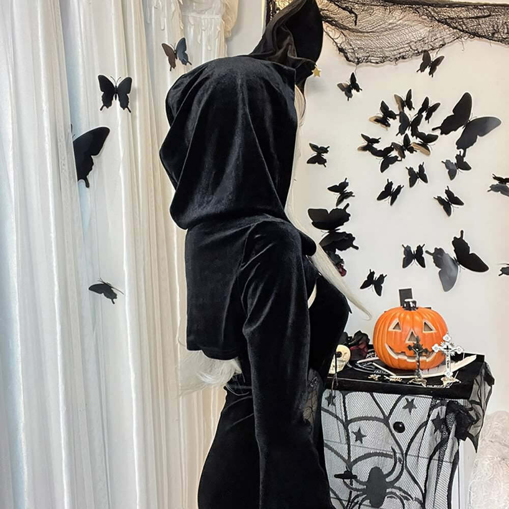 Y2K Gothic Lace-Up Split Midi Dress with Hooded Shrug - Retro 90s Grunge Summer Outfit
