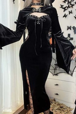 Y2K Gothic Lace-Up Split Midi Dress with Hooded Shrug - Retro 90s Grunge Summer Outfit