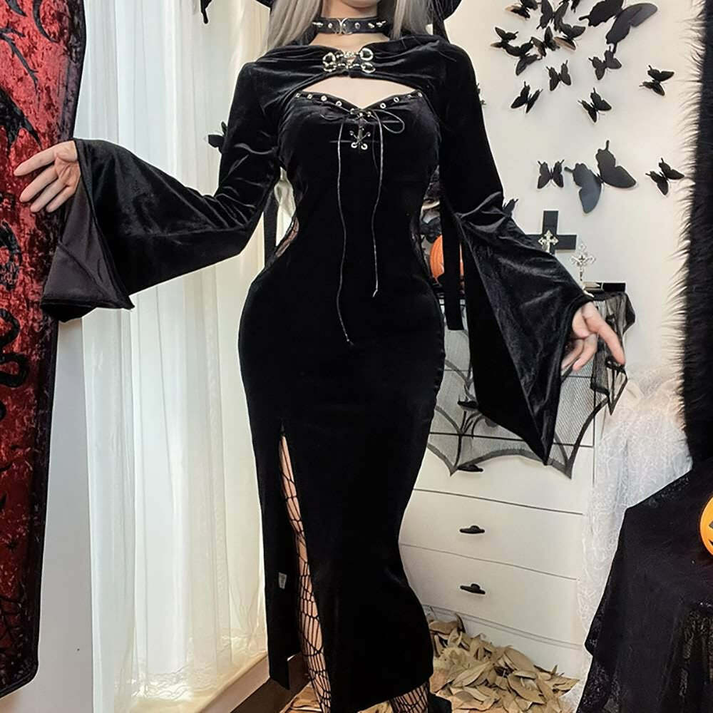 Y2K Gothic Lace-Up Split Midi Dress with Hooded Shrug - Retro 90s Grunge Summer Outfit