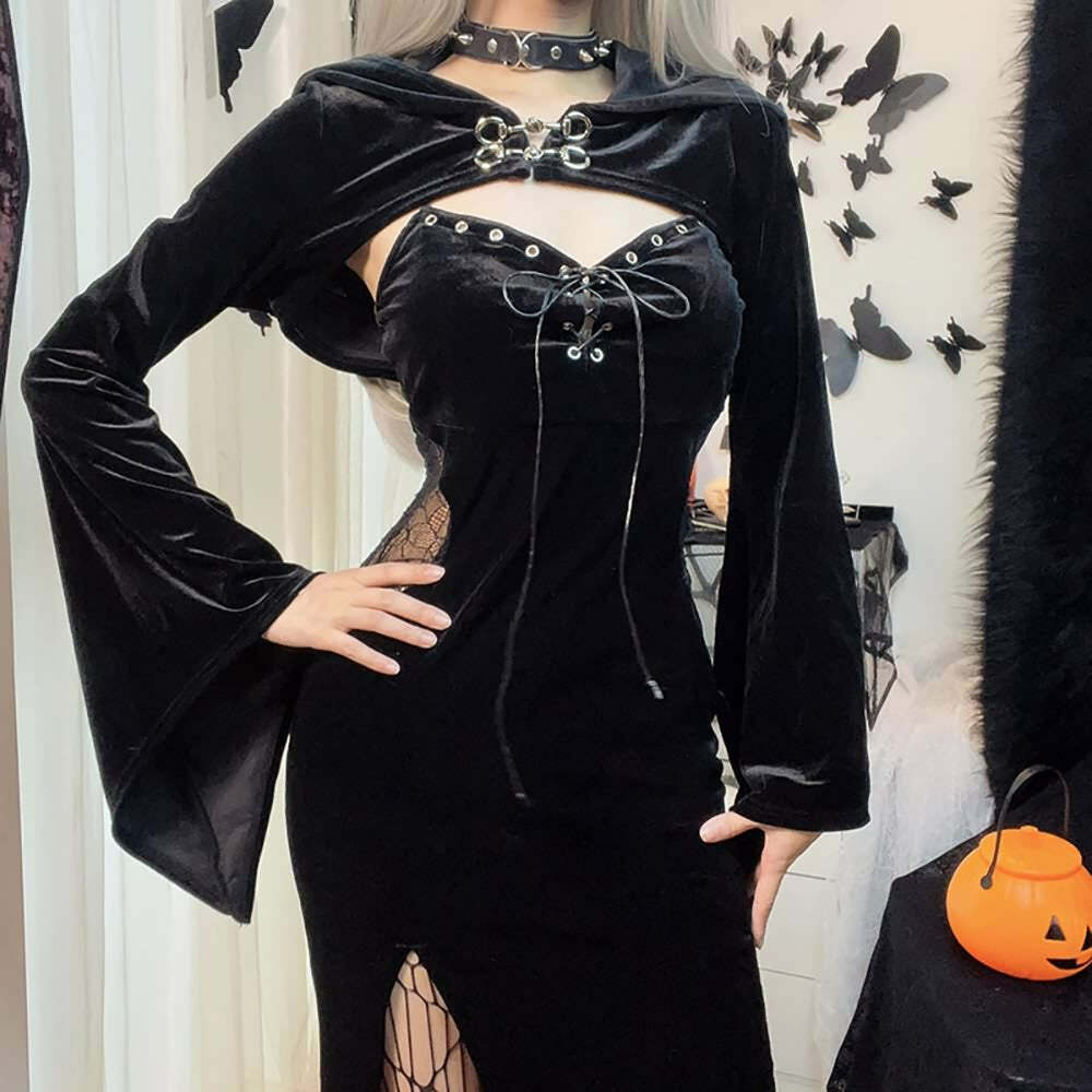 Y2K Gothic Lace-Up Split Midi Dress with Hooded Shrug - Retro 90s Grunge Summer Outfit