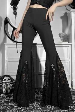 Y2K Gothic Lace Flare Pants - Retro 90s Grunge, Pastel Goth, Y2K Party & Club Outfits