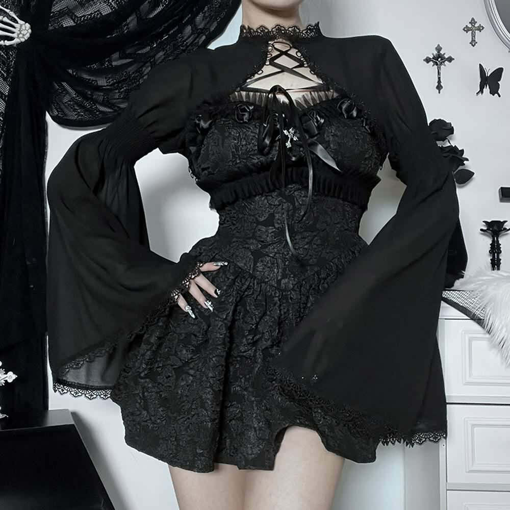 Y2K Gothic Lace Mini Dress with Shrug - Perfect for 90s Grunge, Retro, and Summer Party Outfits