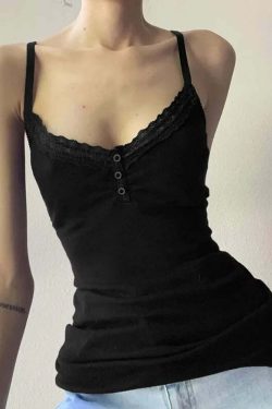 Y2K Gothic Lace Trim Cami Top - Retro 90s Grunge, Summer Y2K Outfits, Pastel Goth Fashion