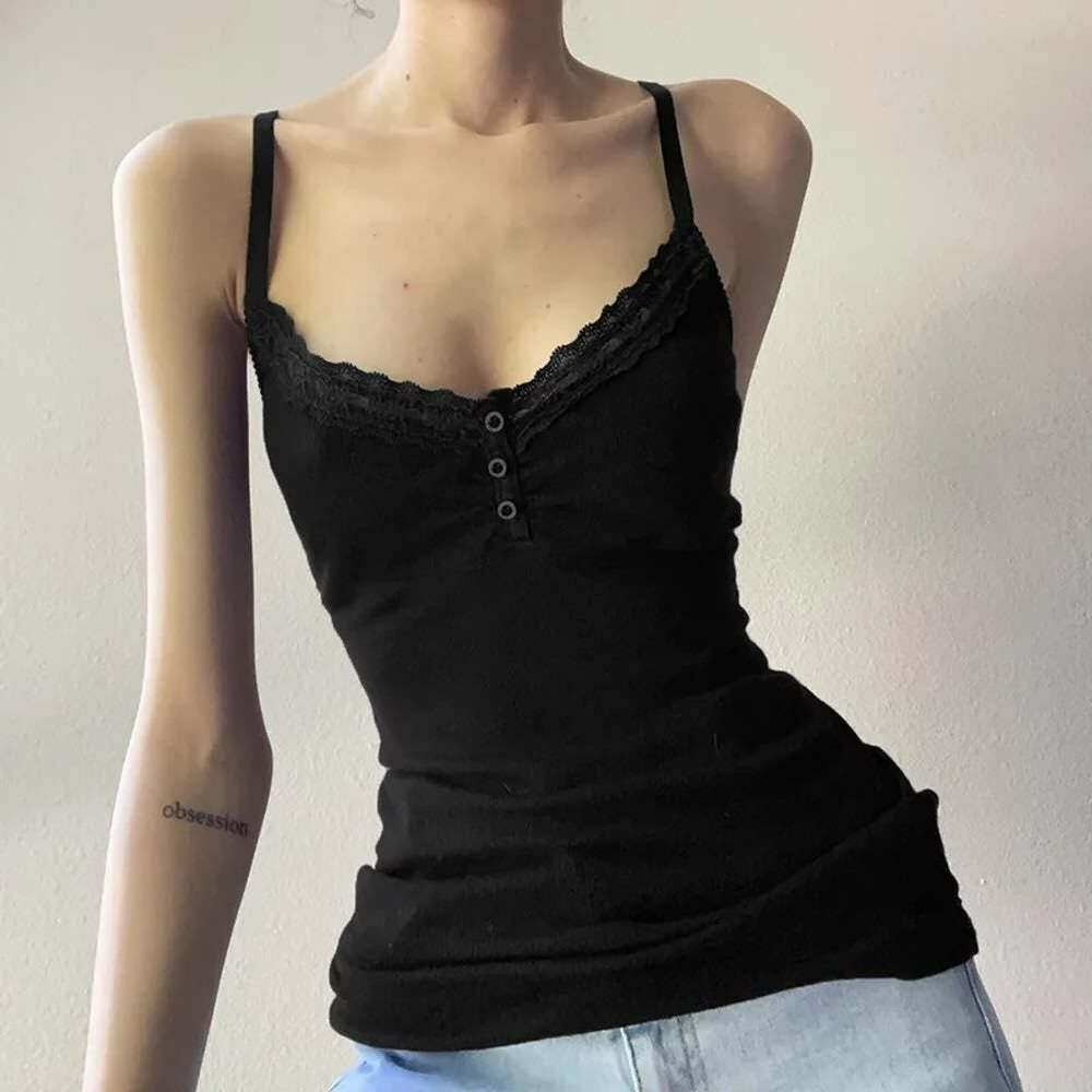 Y2K Gothic Lace Trim Cami Top - Retro 90s Grunge, Summer Y2K Outfits, Pastel Goth Fashion