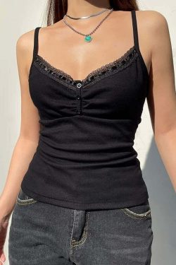 Y2K Gothic Lace Trim Cami Top - Retro 90s Grunge, Summer Y2K Outfits, Pastel Goth Fashion