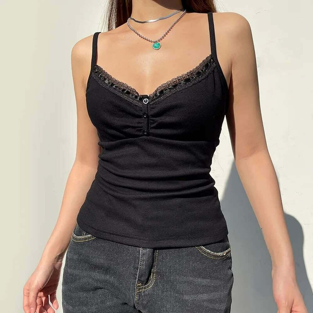 Y2K Gothic Lace Trim Cami Top - Retro 90s Grunge, Summer Y2K Outfits, Pastel Goth Fashion