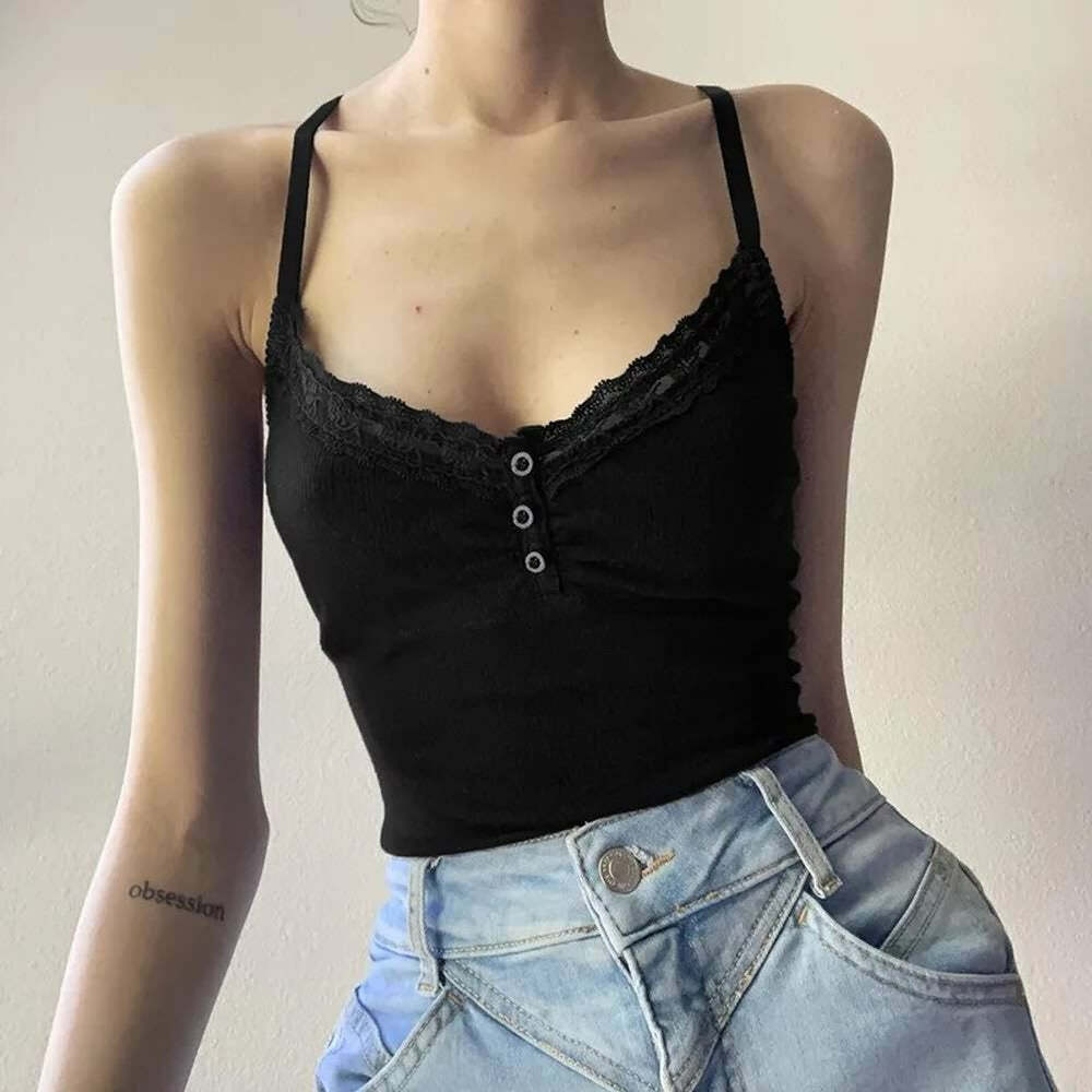 Y2K Gothic Lace Trim Cami Top - Retro 90s Grunge, Summer Y2K Outfits, Pastel Goth Fashion