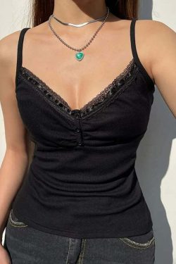Y2K Gothic Lace Trim Cami Top - Retro 90s Grunge, Summer Y2K Outfits, Pastel Goth Fashion