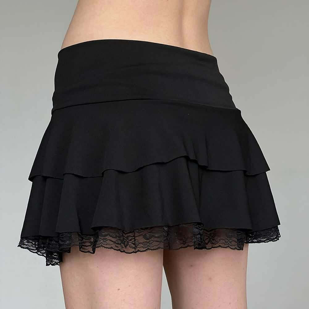 Y2K Gothic Lace Trim Tiered Mini Skirt - Retro 90s Grunge Summer Outfit