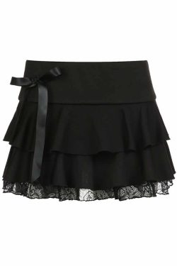 Y2K Gothic Lace Trim Tiered Mini Skirt - Retro 90s Grunge Summer Outfit