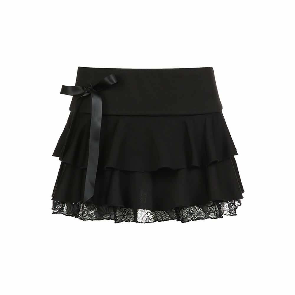 Y2K Gothic Lace Trim Tiered Mini Skirt - Retro 90s Grunge Summer Outfit