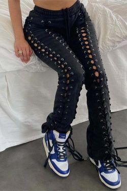 Y2K Gothic Lace Up Joggers - 90s Grunge, Retro Style, Y2K Summer Outfits, Pastel Goth Fashion