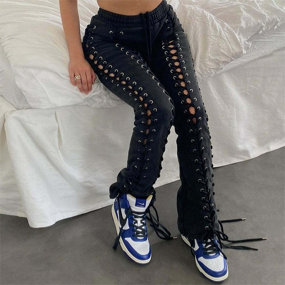 Y2K Gothic Lace Up Joggers - 90s Grunge, Retro Style, Y2K Summer Outfits, Pastel Goth Fashion