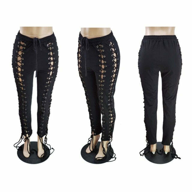 Y2K Gothic Lace Up Joggers - 90s Grunge, Retro Style, Y2K Summer Outfits, Pastel Goth Fashion