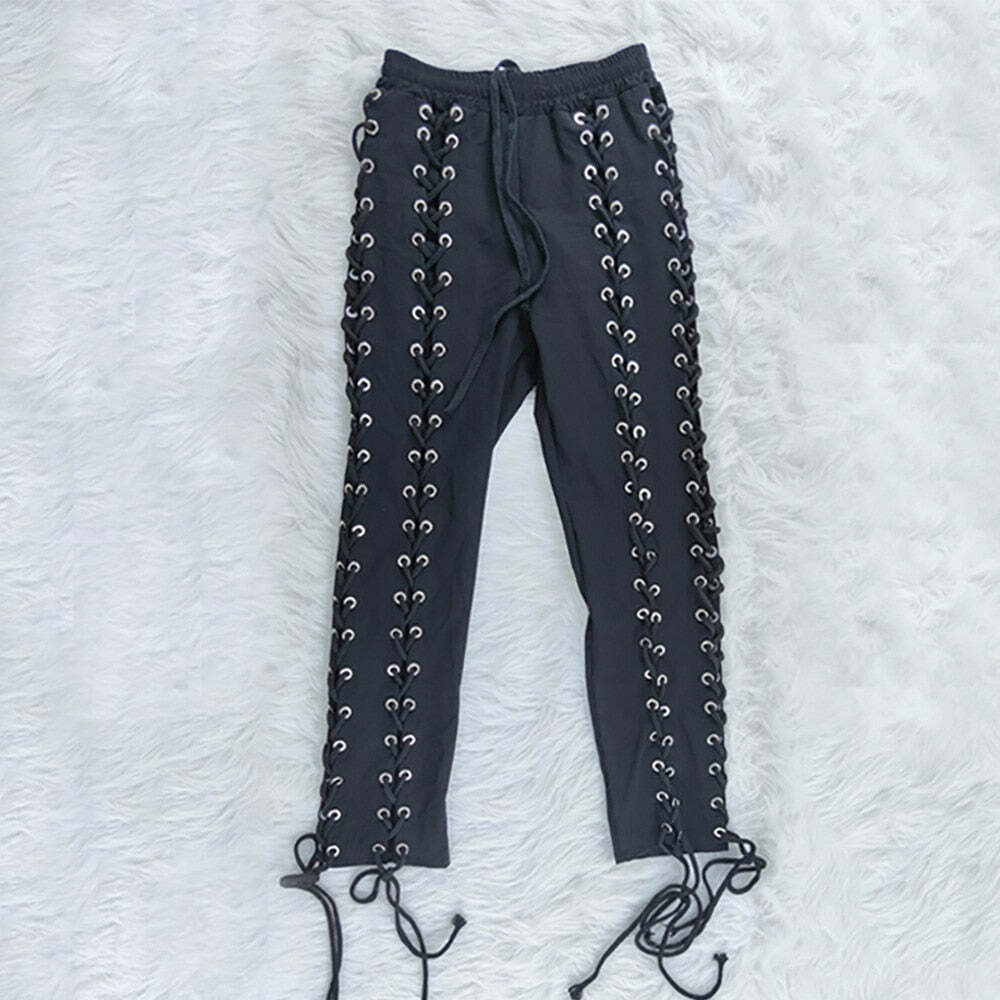 Y2K Gothic Lace Up Joggers - 90s Grunge, Retro Style, Y2K Summer Outfits, Pastel Goth Fashion