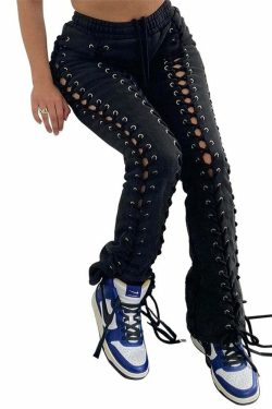 Y2K Gothic Lace Up Joggers - 90s Grunge, Retro Style, Y2K Summer Outfits, Pastel Goth Fashion