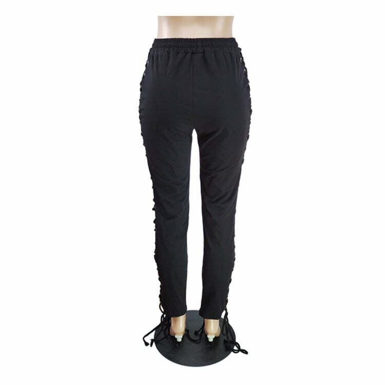 Y2K Gothic Lace Up Joggers - 90s Grunge, Retro Style, Y2K Summer Outfits, Pastel Goth Fashion