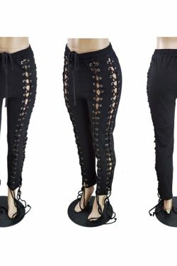 Y2K Gothic Lace Up Joggers - 90s Grunge, Retro Style, Y2K Summer Outfits, Pastel Goth Fashion