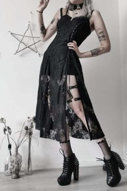 Y2K Gothic Lace Up Side Split Midi Dress - 90s Grunge Summer Outfit for Retro Fashion