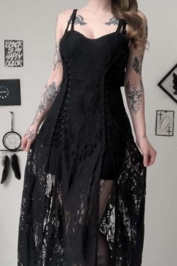 Y2K Gothic Lace Up Side Split Midi Dress - 90s Grunge Summer Outfit for Retro Fashion