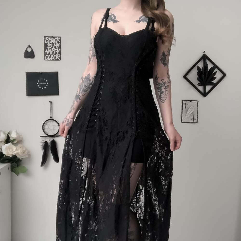 Y2K Gothic Lace Up Side Split Midi Dress - 90s Grunge Summer Outfit for Retro Fashion