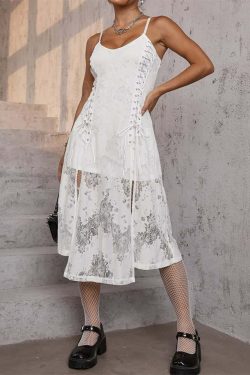 Y2K Gothic Lace Up Side Split Midi Dress - 90s Grunge Summer Outfit for Retro Fashion