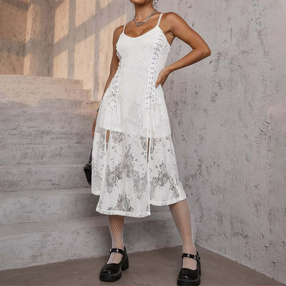 Y2K Gothic Lace Up Side Split Midi Dress - 90s Grunge Summer Outfit for Retro Fashion