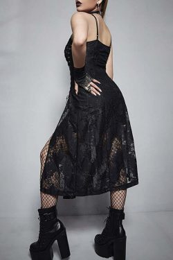 Y2K Gothic Lace Up Side Split Midi Dress - 90s Grunge Summer Outfit for Retro Fashion