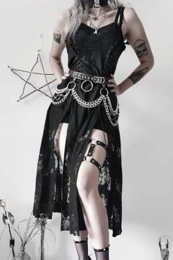 Y2K Gothic Lace Up Side Split Midi Dress - 90s Grunge Summer Outfit for Retro Fashion