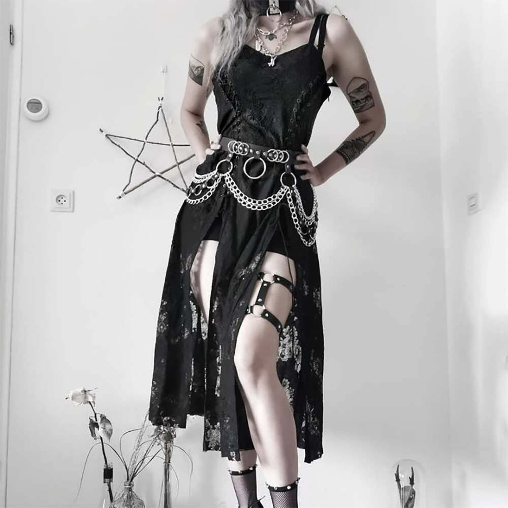 Y2K Gothic Lace Up Side Split Midi Dress - 90s Grunge Summer Outfit for Retro Fashion