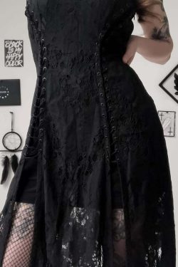 Y2K Gothic Lace Up Side Split Midi Dress - 90s Grunge Summer Outfit for Retro Fashion