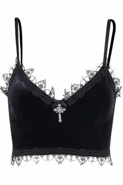 Y2K Gothic Lace Velvet Cami Crop Top - 90s Grunge, Retro Summer, Party & Club Outfits