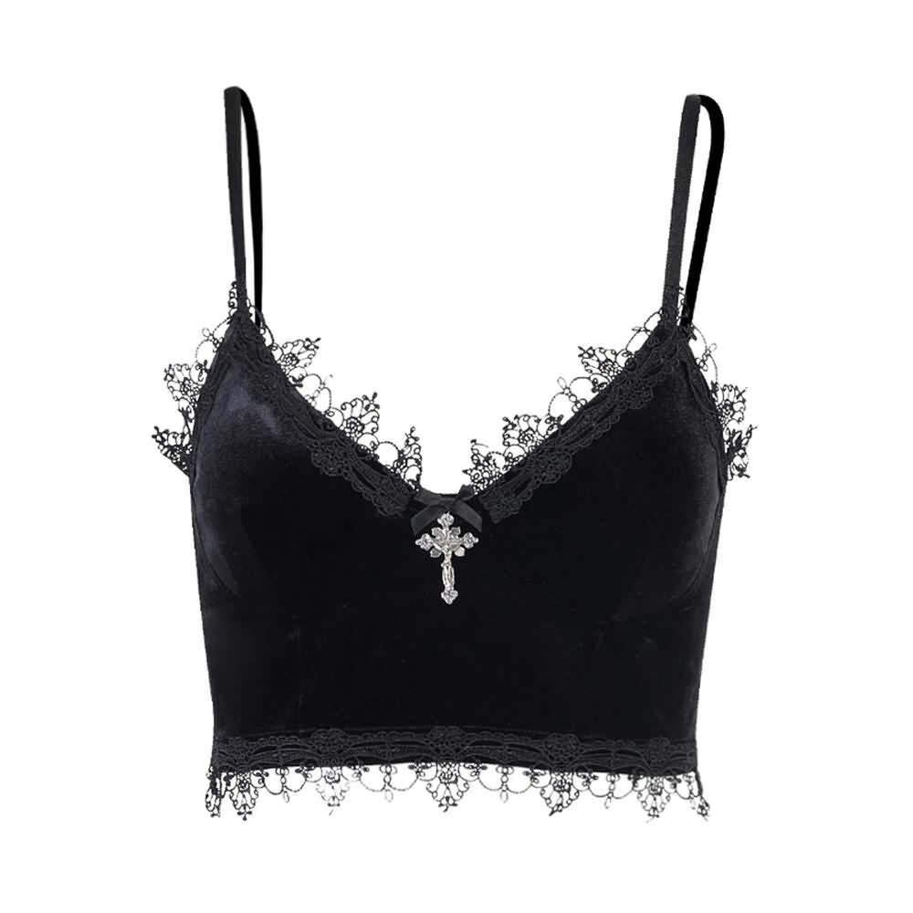 Y2K Gothic Lace Velvet Cami Crop Top - 90s Grunge, Retro Summer, Party & Club Outfits