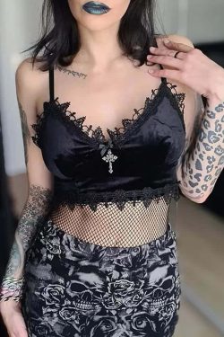 Y2K Gothic Lace Velvet Cami Crop Top - 90s Grunge, Retro Summer, Party & Club Outfits
